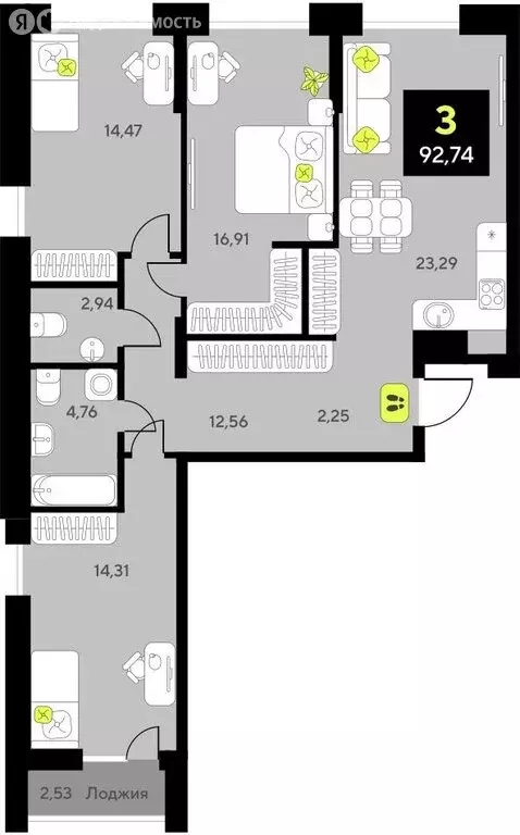 3-комнатная квартира: Тюмень, улица Пожарных и Спасателей, 14 (92.74 ... - Фото 0