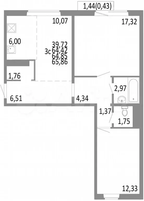 3-к. квартира, 64,9 м, 9/10 эт. - Фото 0