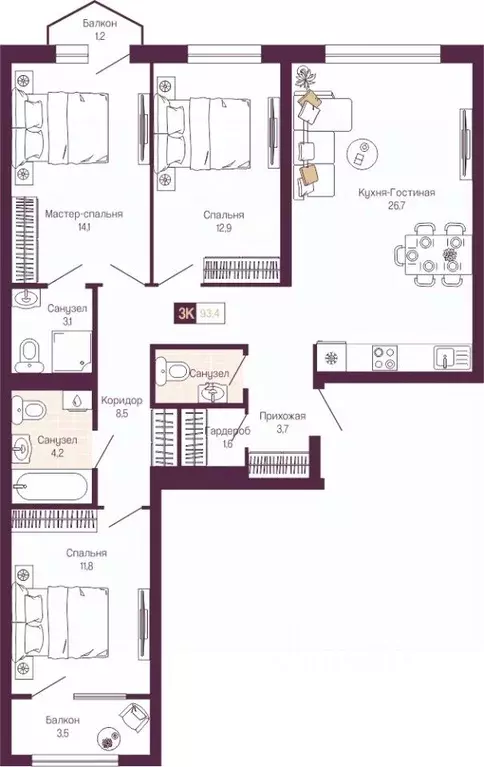 3-к кв. Нижегородская область, Нижний Новгород ул. Тургенева (90.9 м) - Фото 1