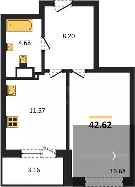 1-к. квартира, 42,6 м, 11/24 эт. - Фото 0