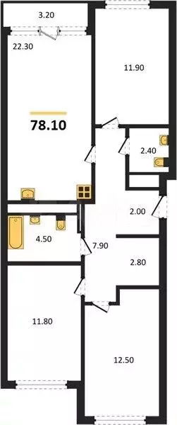 3-к. квартира, 78,1 м, 7/15 эт. - Фото 0