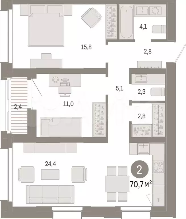 2-к. квартира, 70,7 м, 13/17 эт. - Фото 1