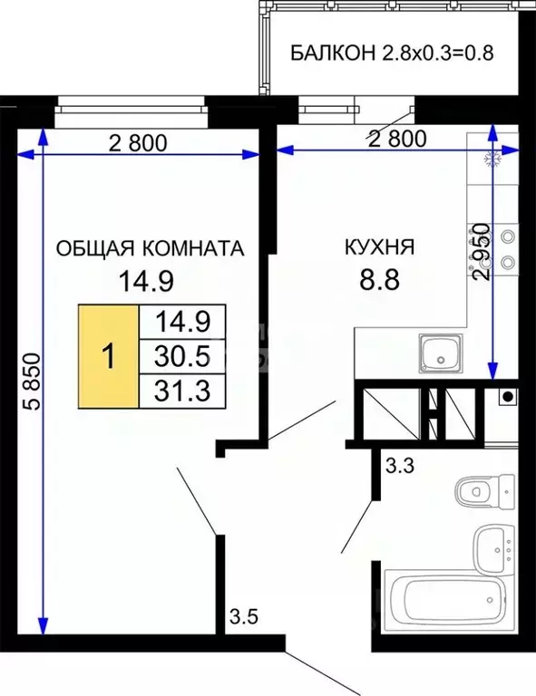 1-к кв. Краснодарский край, Краснодар ул. Домбайская, 55к8 (31.3 м) - Фото 1
