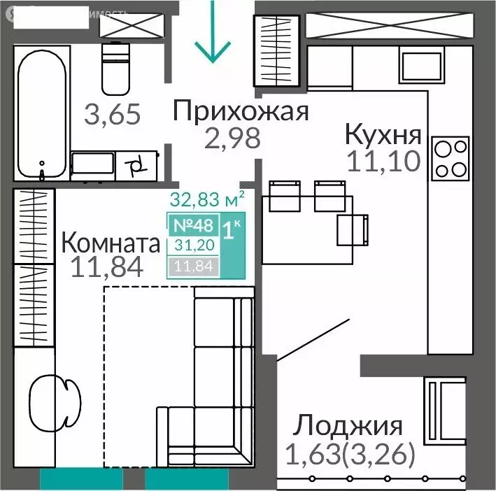 1-комнатная квартира: Симферополь, жилой комплекс Горизонты (31.2 м) - Фото 0