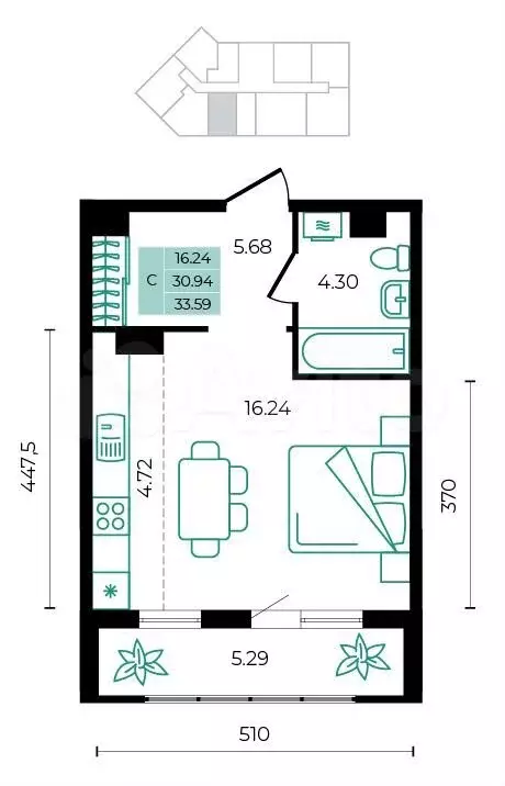 Квартира-студия, 33,6 м, 8/8 эт. - Фото 0
