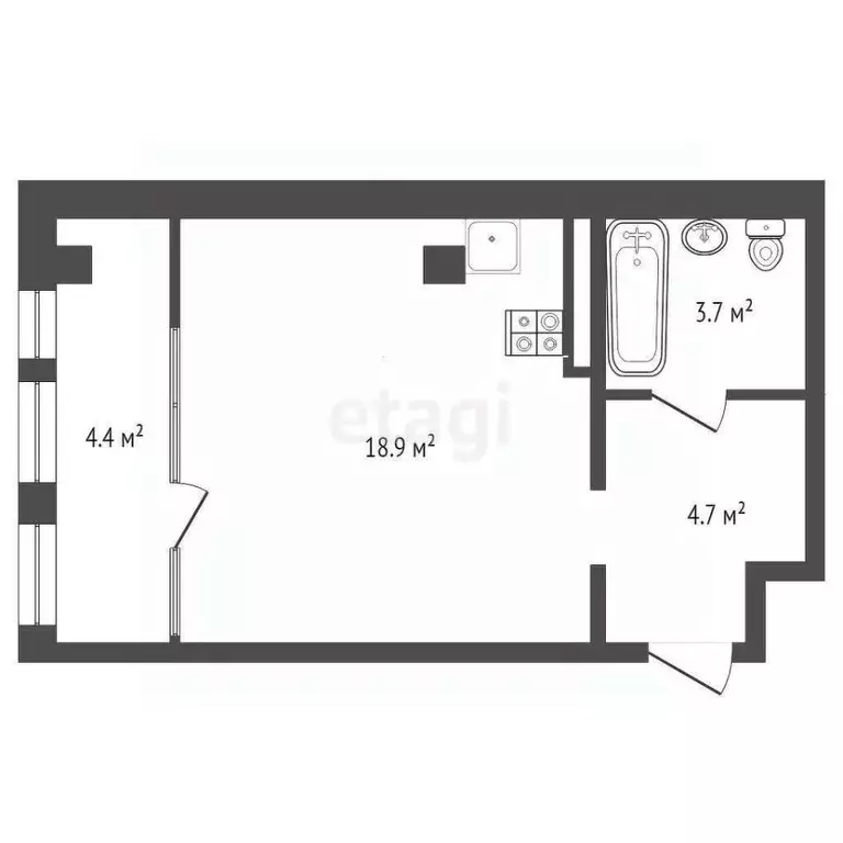 Студия Тюменская область, Тюмень ул. Чернышевского, 2Бк11 (31.7 м) - Фото 1