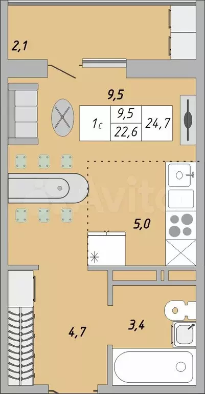 1-к. квартира, 24,7 м, 1/24 эт. - Фото 0