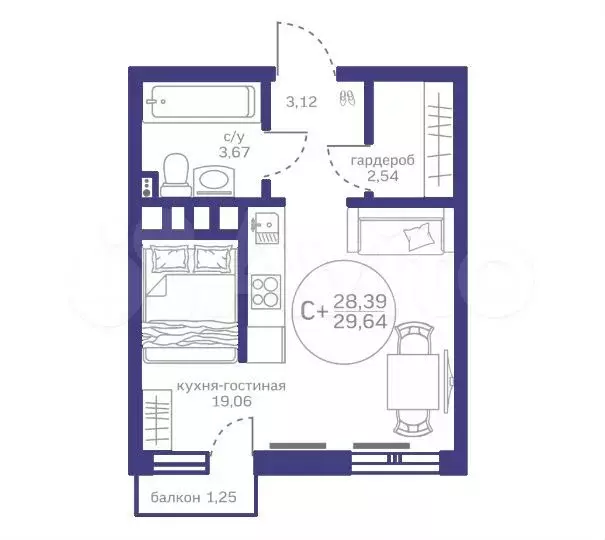 Квартира-студия, 28,4 м, 9/10 эт. - Фото 1