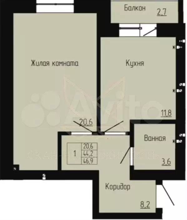 1-к. квартира, 46,9 м, 4/4 эт. - Фото 0