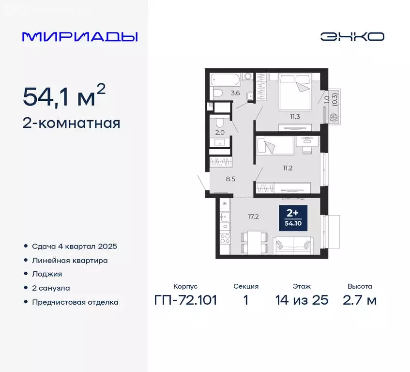2-комнатная квартира: Тюмень, Ленинский округ (54.1 м) - Фото 0