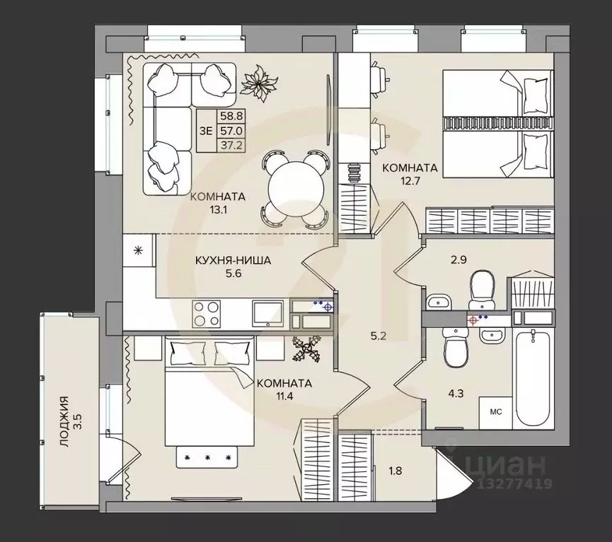 3-к кв. Пермский край, Пермь Спартаковская ул., 1 (56.7 м) - Фото 2