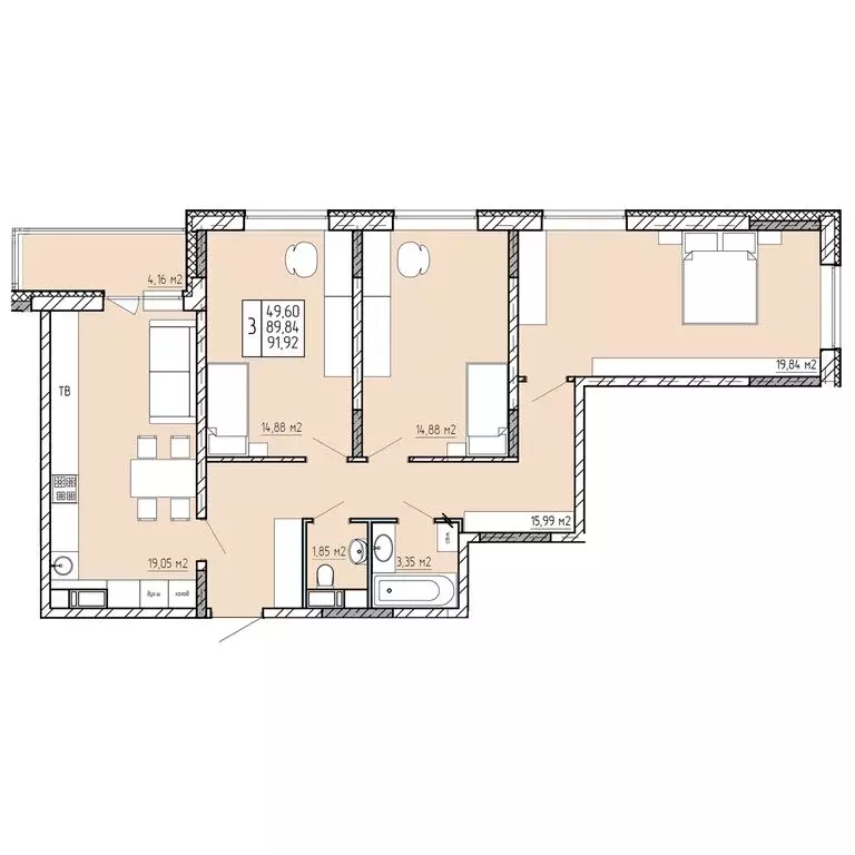 3-комнатная квартира: Калуга, улица Пухова, 58 (91.92 м) - Фото 1