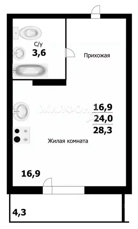 Студия Новосибирская область, Новосибирск ул. Кирова, 225 (28.0 м) - Фото 1