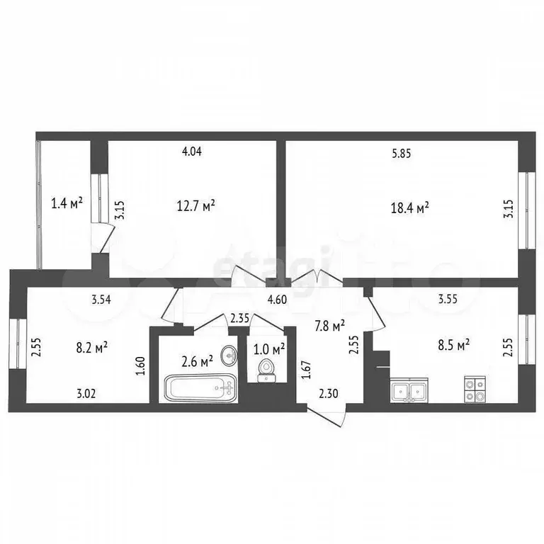 3-к. квартира, 59,3 м, 4/5 эт. - Фото 0