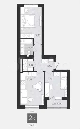 2-к. квартира, 55,1 м, 5/9 эт. - Фото 1