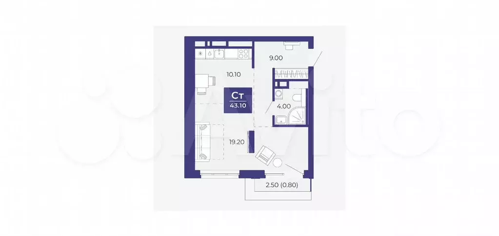Квартира-студия, 43,1 м, 17/18 эт. - Фото 1