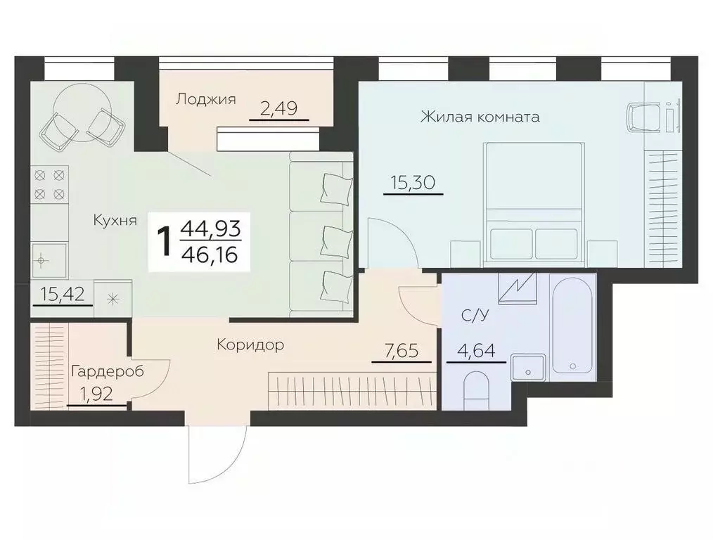 1-к кв. Воронежская область, Воронеж Ленинградская ул., 29Б (46.16 м) - Фото 0