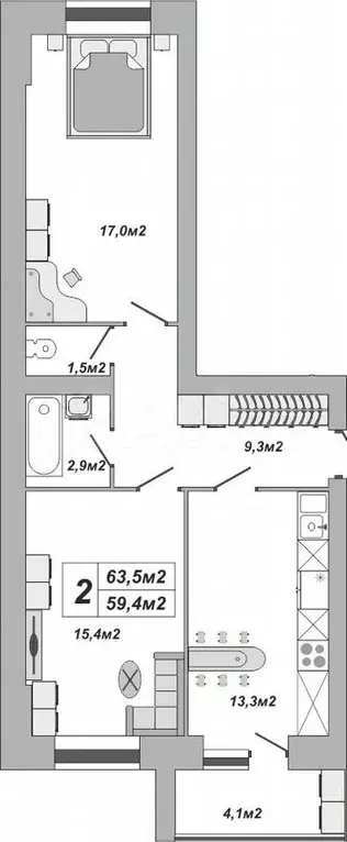2-к. квартира, 63,5 м, 1/16 эт. - Фото 0