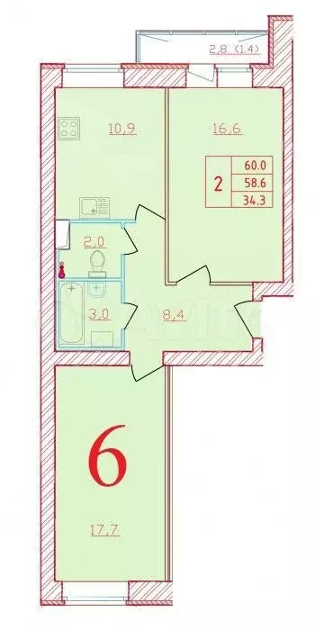 2-к. квартира, 60м, 2/9эт. - Фото 0