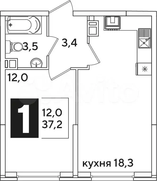 1-к. квартира, 37,2 м, 6/16 эт. - Фото 0