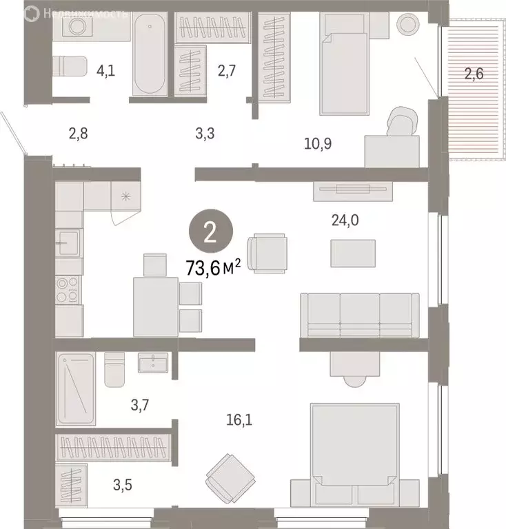 2-комнатная квартира: Тюмень, Мысовская улица, 26к2 (73.58 м) - Фото 1