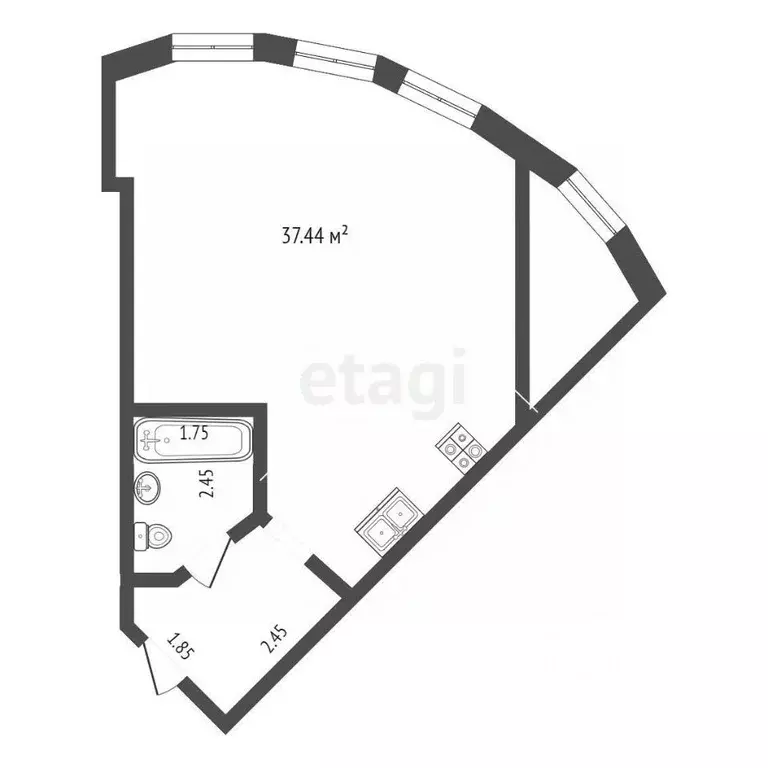 Студия Тюменская область, Тюмень ул. Чернышевского, 2Бк11 (44.7 м) - Фото 1