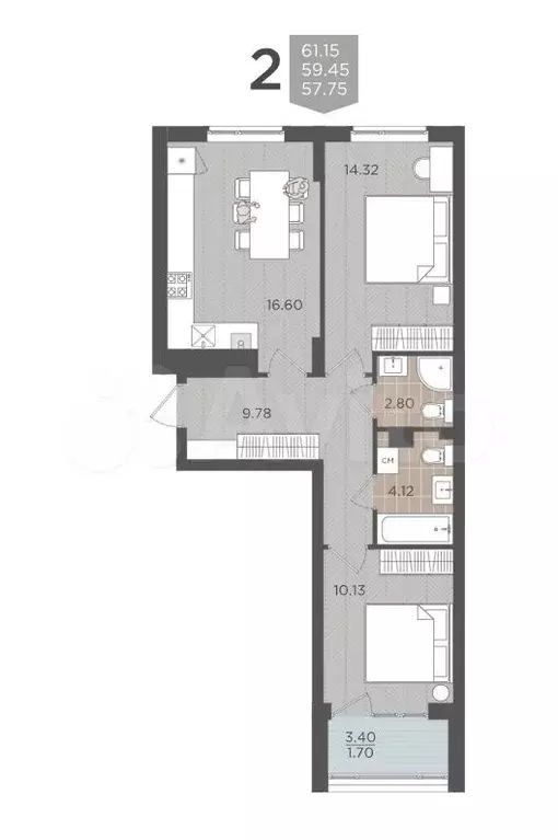 2-к. квартира, 59,5 м, 1/9 эт. - Фото 1