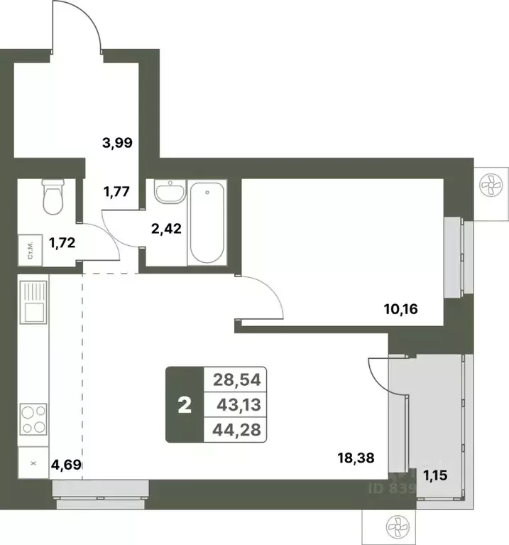2-к кв. Башкортостан, Уфимский район, с. Миловка  (44.28 м) - Фото 1