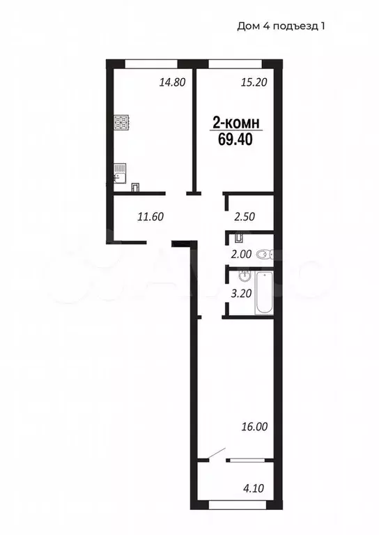 2-к. квартира, 69,4 м, 12/14 эт. - Фото 0