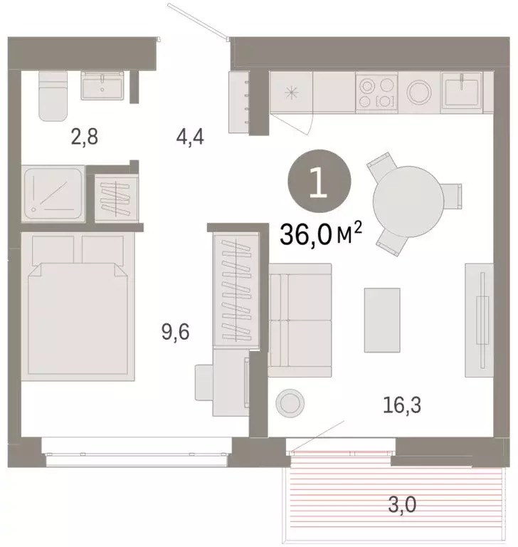 1-комнатная квартира: Тюмень, Ленинский округ (35.98 м) - Фото 1