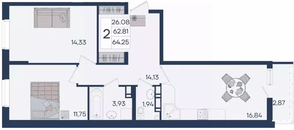2-к кв. Краснодарский край, Краснодар  (64.25 м) - Фото 1