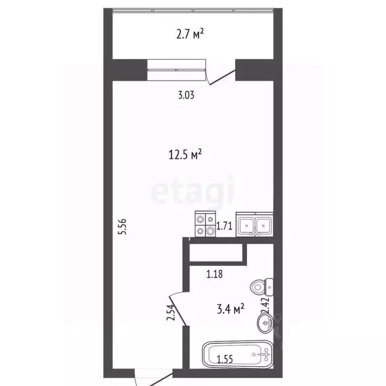 Студия Тюменская область, Тюмень ул. Новоселов, 117 (15.8 м) - Фото 2