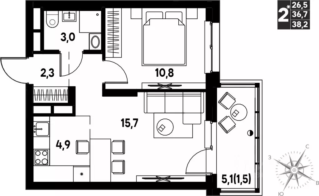 Студия Пермский край, д. Кондратово просп. Дягилева, 3 (38.2 м) - Фото 1