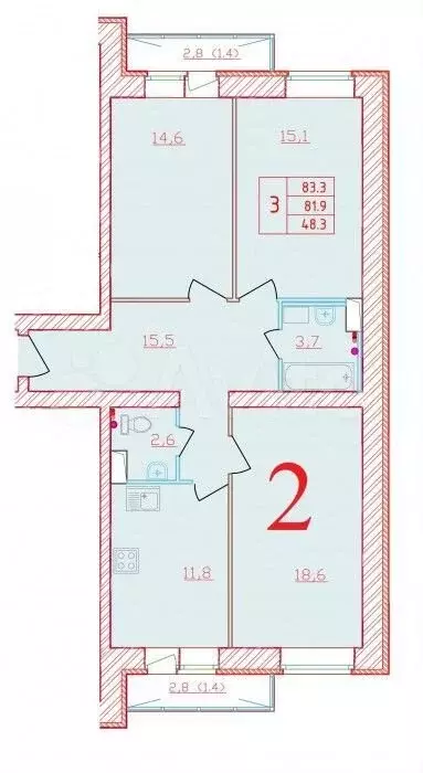 3-к. квартира, 83,3м, 5/9эт. - Фото 0