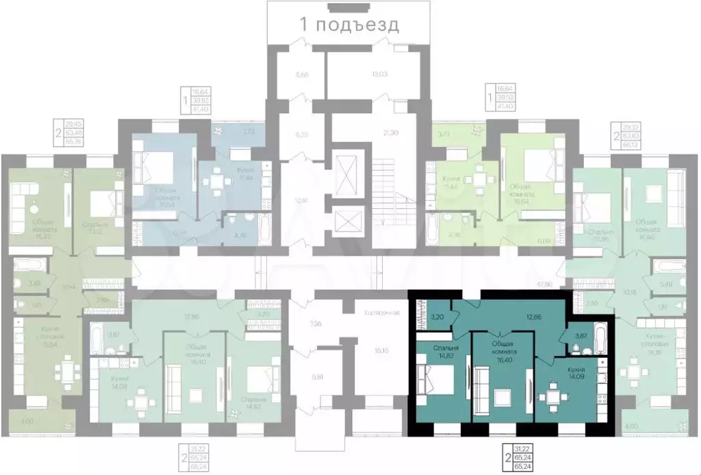 2-к. квартира, 65,3 м, 1/14 эт. - Фото 1