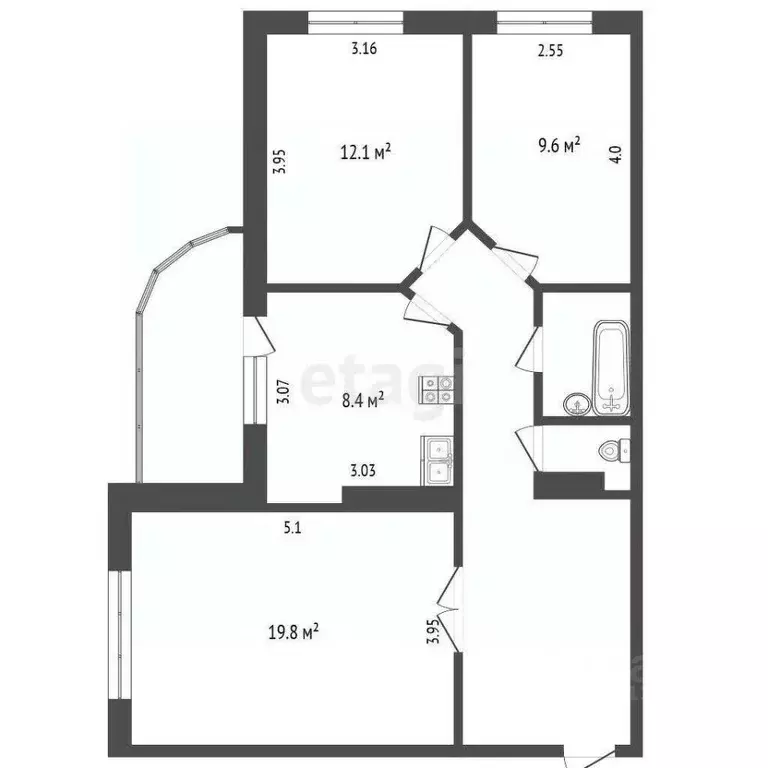 3-к кв. Белгородская область, Белгород ул. Калинина, 1 (70.0 м) - Фото 2