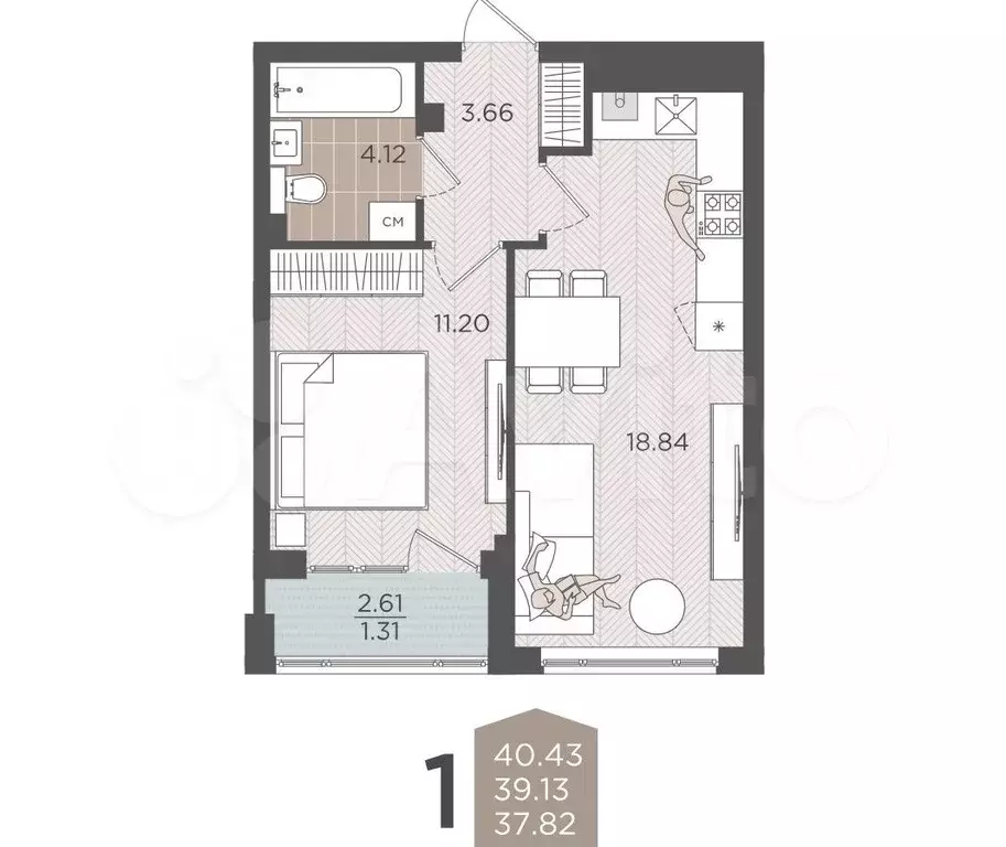 1-к. квартира, 39,1 м, 1/9 эт. - Фото 1