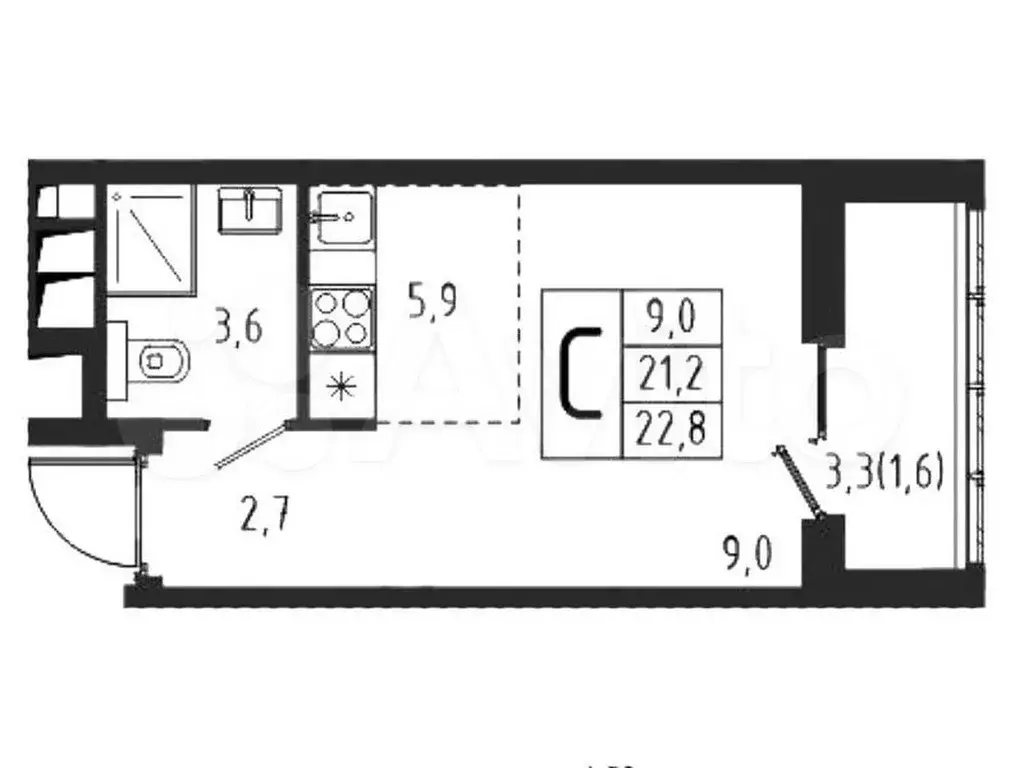 Квартира-студия, 22,8 м, 2/12 эт. - Фото 0