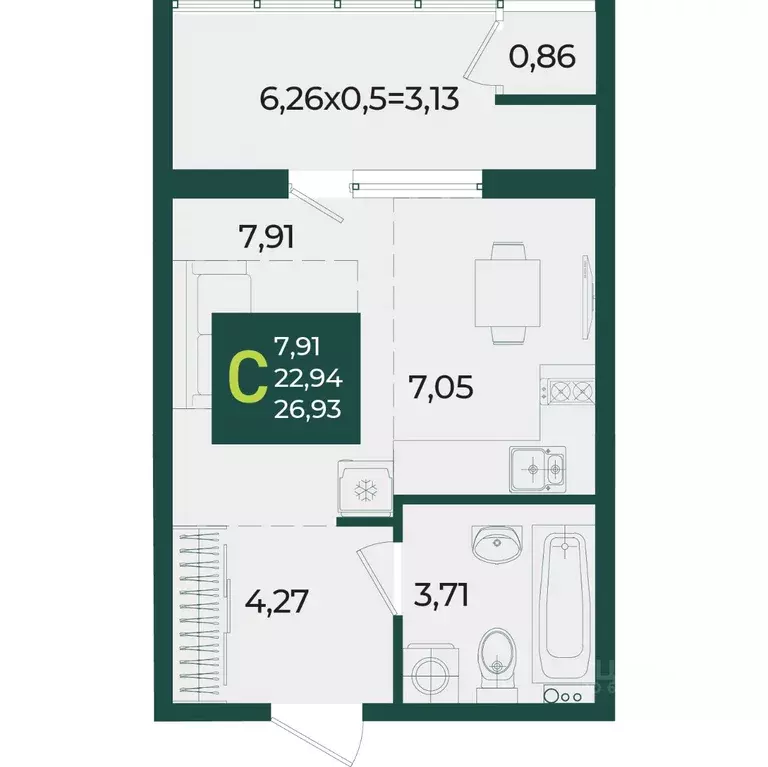 Студия Краснодарский край, Краснодар Образцово мкр,  (26.93 м) - Фото 1