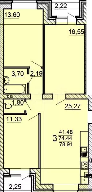 3-к. квартира, 78,9 м, 1/3 эт. - Фото 1