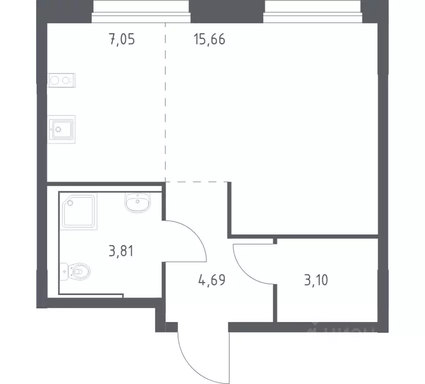 Студия Приморский край, Владивосток Бам мкр,  (34.31 м) - Фото 1