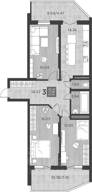 3-к кв. Краснодарский край, Краснодар ул. Командорская, 15/1 (87.54 м) - Фото 0