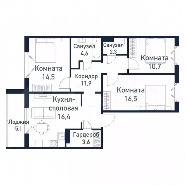 4-к. квартира, 85,5 м, 7/10 эт. - Фото 0