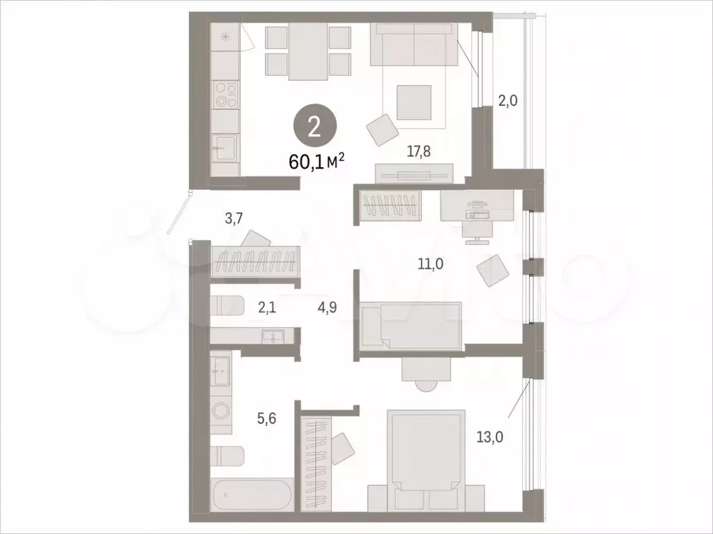 2-к. квартира, 60,1 м, 9/17 эт. - Фото 1