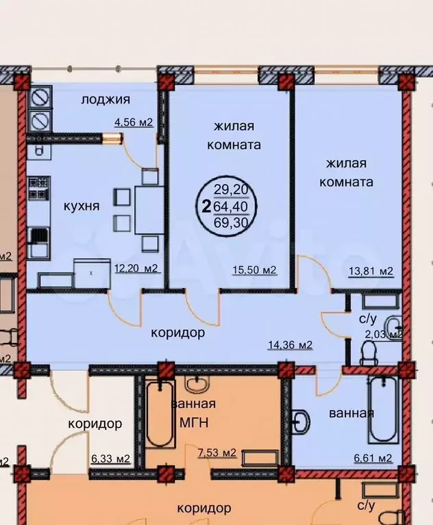2-к. квартира, 70 м, 8/12 эт. - Фото 0