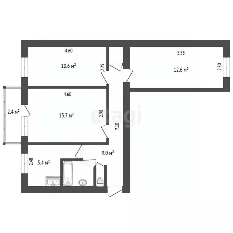 3-к кв. Крым, Евпатория ул. Интернациональная, 121 (54.9 м) - Фото 2