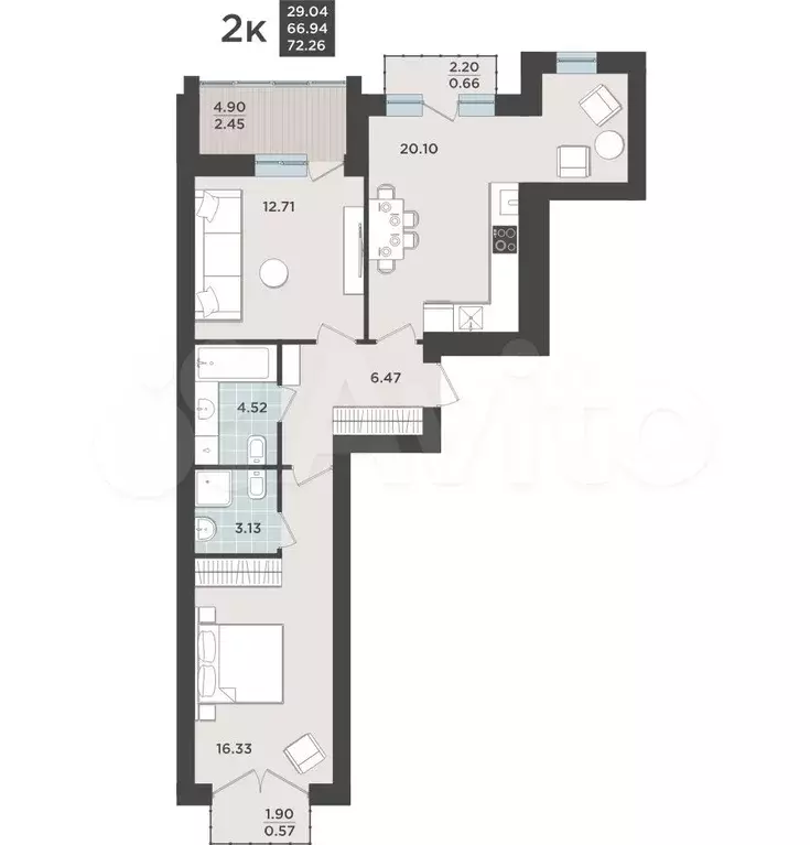 2-к. квартира, 66,9 м, 9/9 эт. - Фото 1