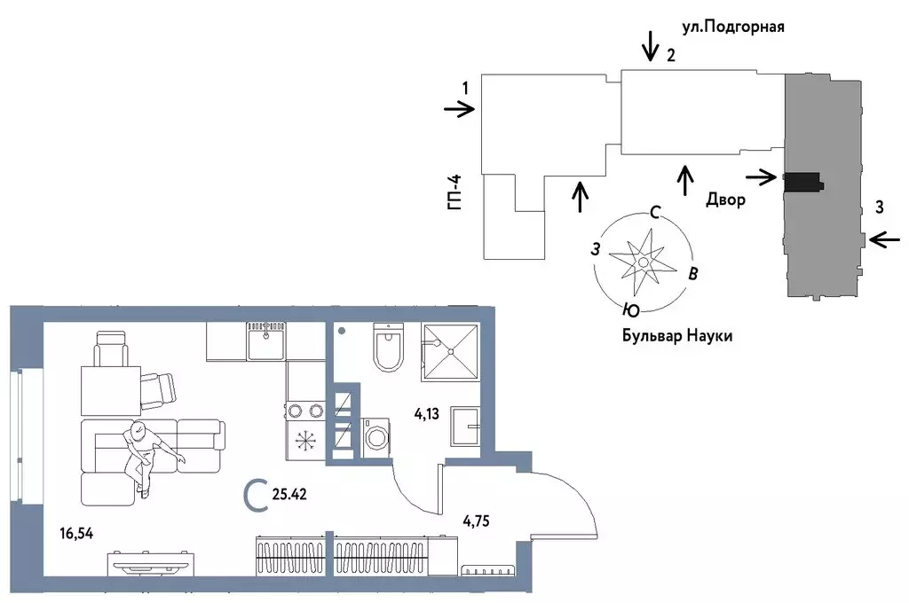 Квартира-студия: Тюмень, ЖК Авторский (25.42 м) - Фото 0