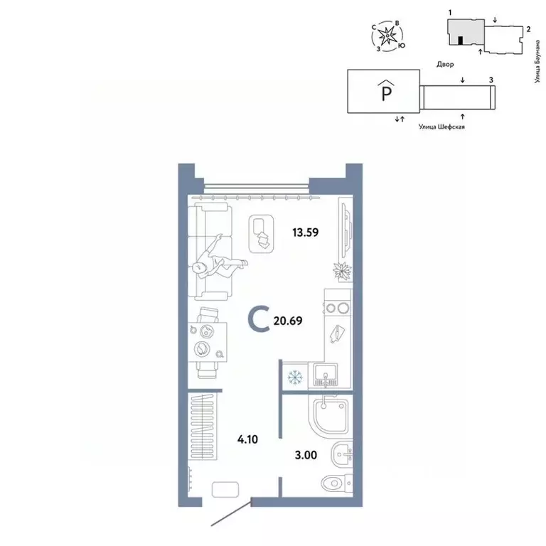 Студия Свердловская область, Екатеринбург ул. Шефская, 22А (20.69 м) - Фото 1