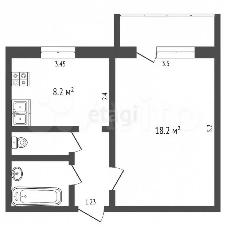 1-к. квартира, 35,4 м, 2/5 эт. - Фото 0